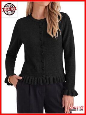 Ruffle Button Down Knit Cardigan Sweater Crew Neck Long Sleeve